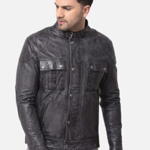 Men Black Leather Water Resistant Longline Bomber with Patchwork Jacket