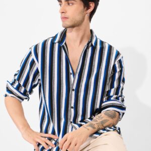 Men Spread Collar Vertical Striped Cotton Casual Shirt