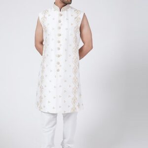 Embroidered Mandarin Collar Pure Silk Sherwani Set