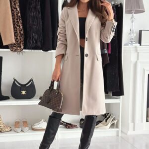 Women Solid Notched Lapel Overcoat