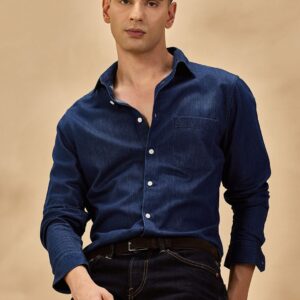 Men Comfort Spread Collar Solid Denim Casual Shirt