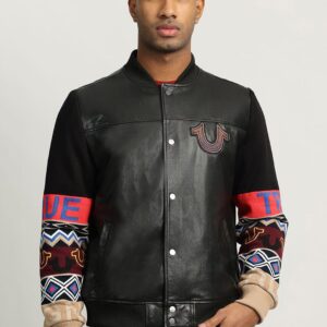 Men Stand Collar Graphic Printed Leather Casual Leather Jacket