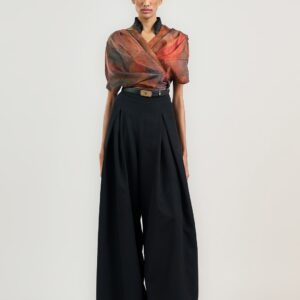 Printed Linen Cuffed Sleeves Wrap Top