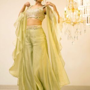 Foram patel Green Organza Sharara Cape Set