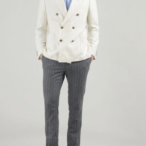 Notched Lapel Structured Shoulder Slim-Fit Double Breasted Cotton Blazers