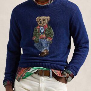 Men Polo Bear Printed Pure Cotton Sweater
