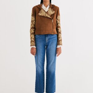 Women Floral Embroidered Suede Biker Jacket