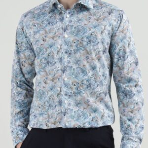 Men Spread Collar Floral Printed Cotton Formal Shirt