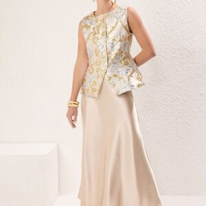 Floral Self Design Round Neck Waistcoat With Skirt