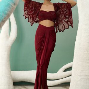 Embroidered Top With Maxi Drape Skirt & Shrug
