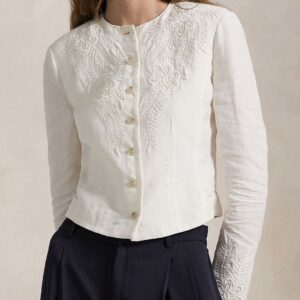 Women Collarless Floral Embroidered Linen Casual Tailored Jacket