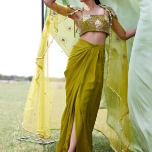 Embroidered Crop Top & Skirt With Jacket