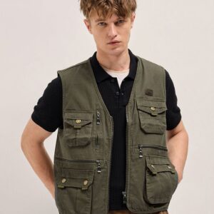 Men Collarless Solid Cotton Casual Gilet Jacket