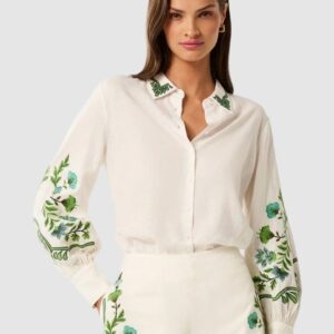 Floral Emroidered Thread Work Spread Collar Shirt