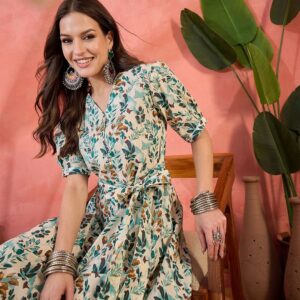 Floral Printed V-Neck Puff Sleeves Pure Cotton A-Line Ethnic Dress