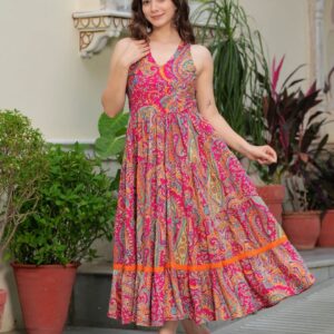 Cotton Ethnic Motifs Printed Halter Neck Fit & Flare Midi Dress