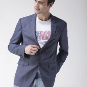 Men Blue Textured Single-Breasted Woollen Casual Blazer
