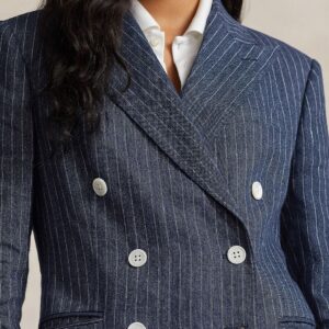 Striped Pure Linen Slim Fit Double Breasted Casual Blazer
