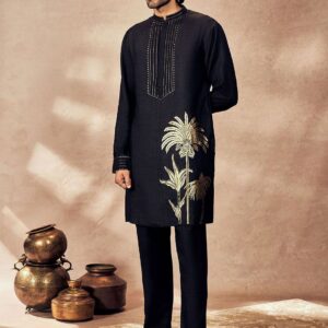 Floral Printed Mandarin Collar Thread Work Straight Kurta