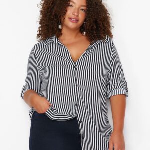 Women Oversized Fit Spread Collar Vertical Striped Casual Shirt