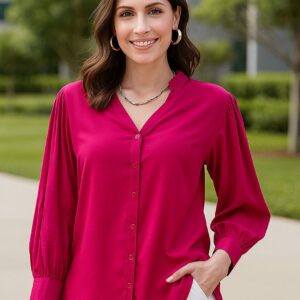 Fuchsia Classic Mandarin Collar Casual Shirt