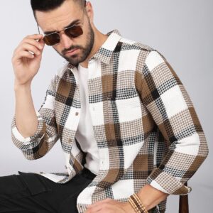 Tartan Checks Spread Collar Long Sleeves Slim Fit Cotton Casual Shirt