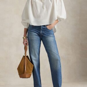 Women Cotton Pleated Shirt Collar Blouson Top