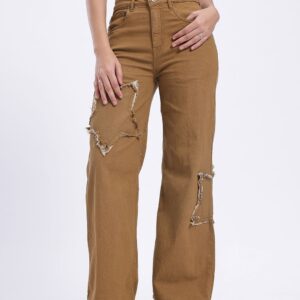 Women Frayed Star-Applique Wide-Leg Jeans
