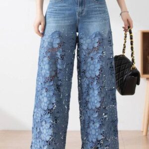 Women Mid-Rise Floral Lace Applique Wide-Leg Jeans
