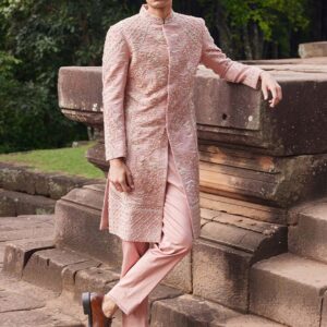 Men Embroidered Band Collar Sherwani Set