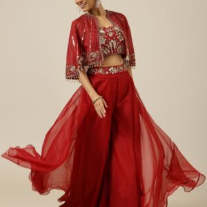 Shreeka Embellished Crop Top & Palazzos With Cape