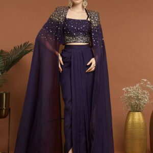 RIRASA Embroidered Pure Silk Shoulder Straps Top & Skirt With Cape