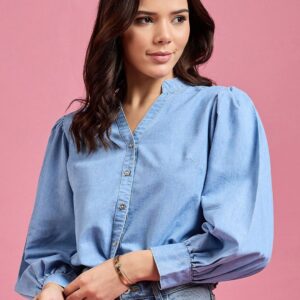 Women Classic Mandarin Collar Solid Denim Casual Shirt